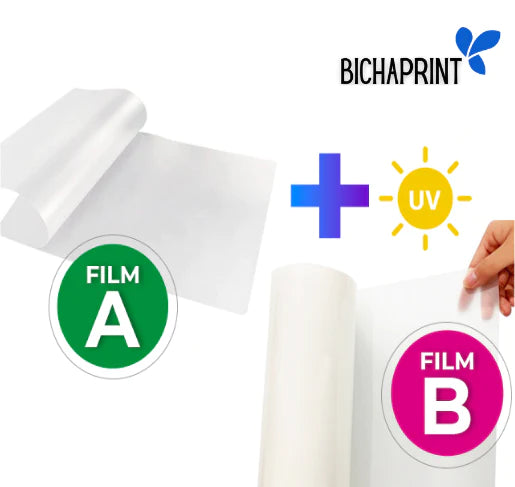 Film para UV DTF papeles A y B - 1 hoja A3 del A y 50cm lineales de film de laminado B