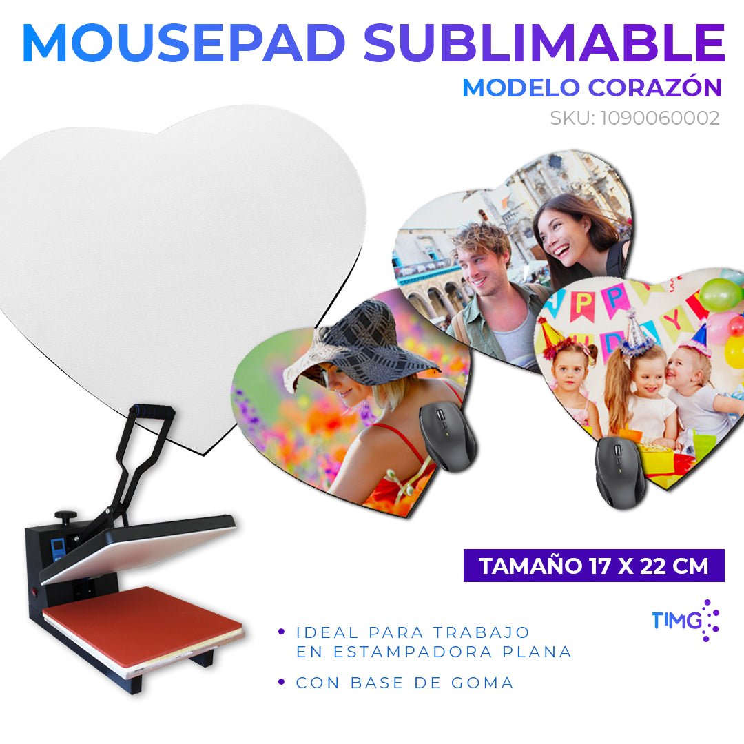 Mousepad sublimable modelo corazón 17 x 22 cm, 5mm de grosor